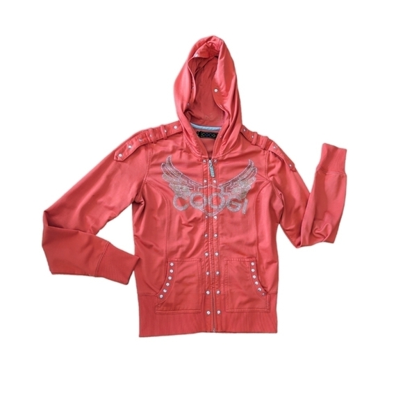Coogi Y2K Angel Wings metallic studded red Knit hooded zip front jacket Sz M - Picture 6 of 12